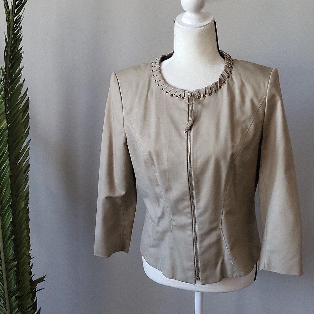 T Tahari khaki long sleeve moto style blazer with neckline accents